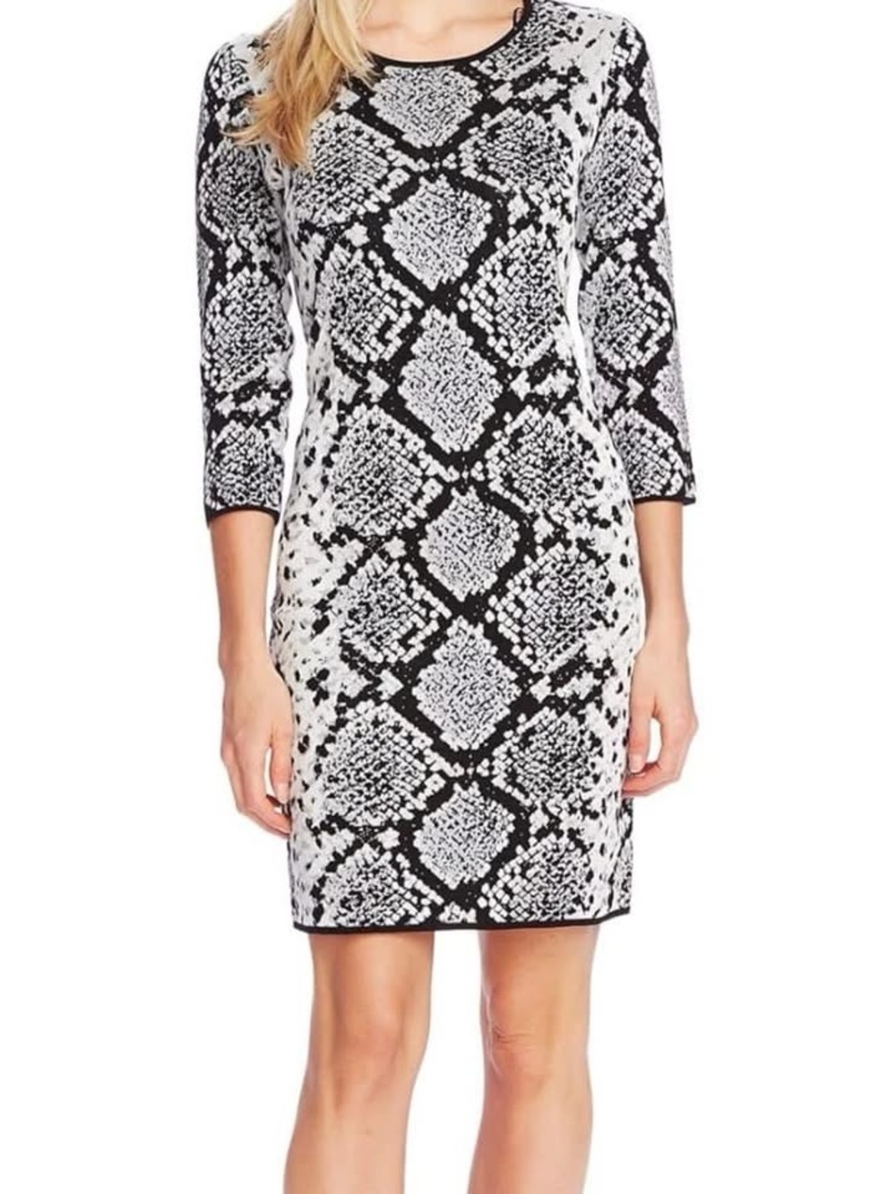 Vince Camuto Black and White Snake-Print Long Sleeve Sheath Dress